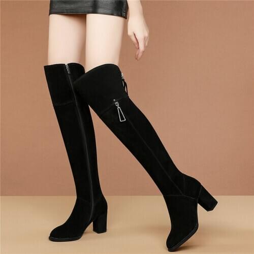 Winter Thigh High Booties Women Genuine Leather High Heel Over The Knee High Snow Boots Female Round Toe Platform Pumps Shoes