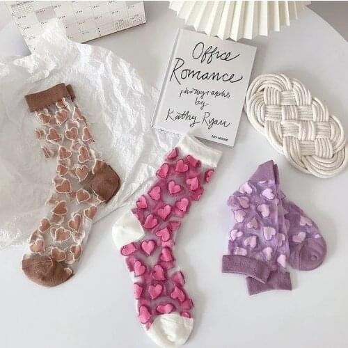 1 Pair Fashion Women Socks Transparent Crystal Love Short Glass Silk Heart Pattern Thin Japanese Kawaii Cute Summe Female Sock