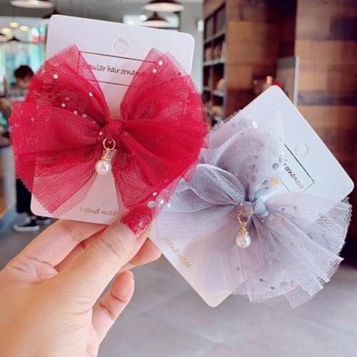 1pcs Lace Bowknot Princess Hairpins Baby Girls Fashion Luxury Pearl Barrette Headwear Child Kid Glitter Beauty Hair Clip