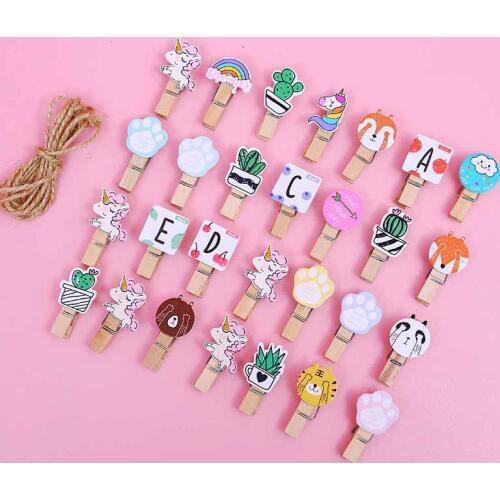 10pcs Cute Mini Wood Clips Cartoon Unicorn Cactus Rainbow Photo DIY Tools Paper Clip Cat Wooden Clips With Hemp Rope Kawaii Clip