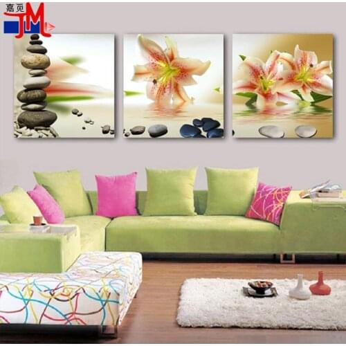 Free Shipping Lily Flowers Stone Diamond Painting 3 pcs Modern Art Cross Stitch Living Room Home Decor Triptych Flower Picture