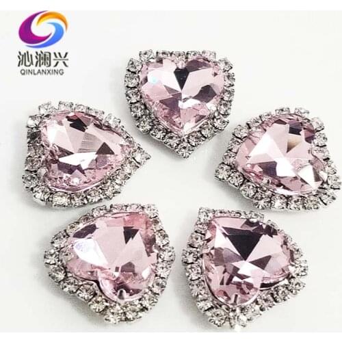 Free shipping silver bottom Pink heart shape Crystal glass buckle,top grade sew on rhinestones for Diy/jewelry accessories
