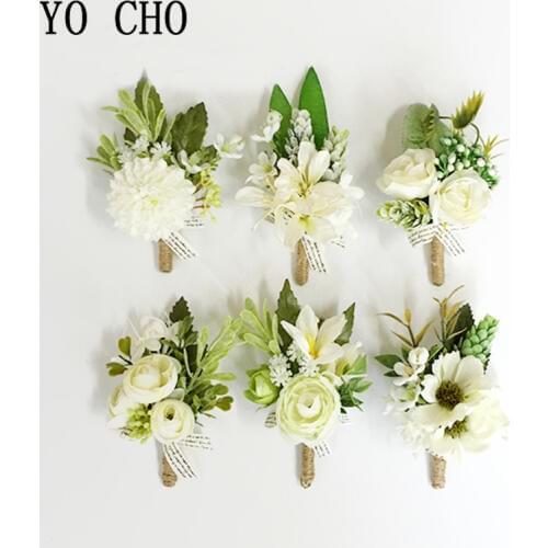 YO CHO Wedding Grooms Buttonhole Lapel Pin Flower Boutonniere Bride Bracelet Prom Event Accessories Party Wrist Corsage White