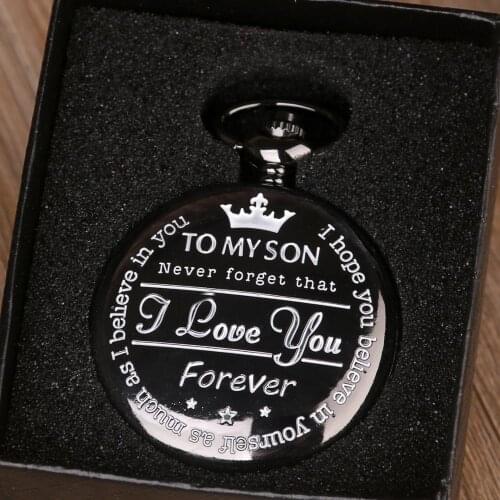 Dropshipping New Arrival Black "To My Son "Design Quartz Pocket Watch Vintage Roman Numeral Dial Pendant Clock Gifts for Boys