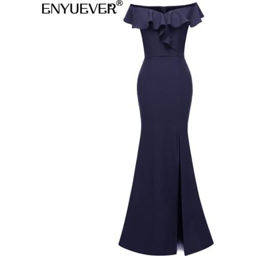 Enyuever Maxi Long Formal Dress Womens Clothing Ruffle Sleeve Off Shoulder Sheath Bodycon Slim Slit Sexy Evening Party Dresses