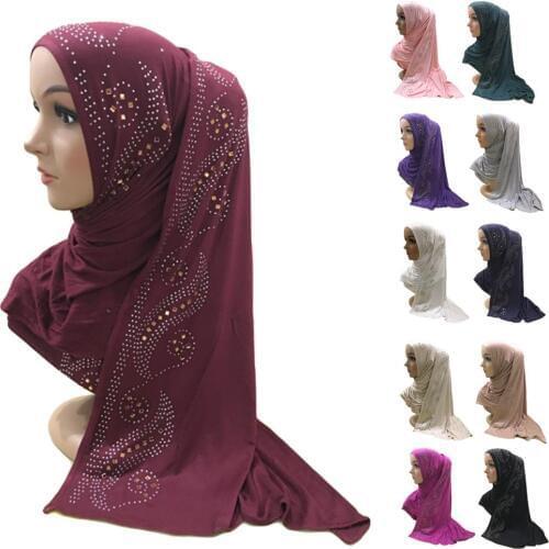 Cotton Muslim Women Prayer Long Scarf Rhinestone Solid Color Hijab Head Cover Wrap Arab Hat Shawls Scarves Stole Turban 160*50cm