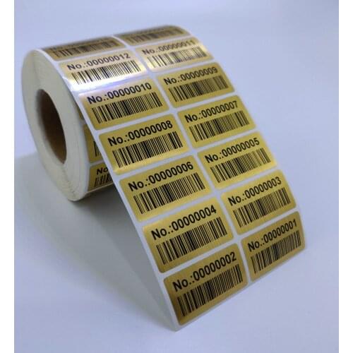 1000 Gold Inventory Label Stickers Consecutive With Serial Numbers Barcode 40mm x 20mm