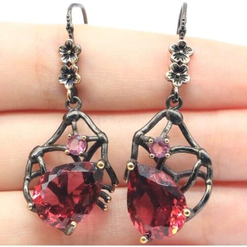 45x18mm Neo-Gothic Jewelry Set 8.5g Drop Created Raspberry Rhodolite Garnet For Women Gift Black Gold Silver Earrings Pendant