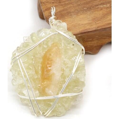 Hot Sale Natural Stone Irregular Yellow Crystal Bud Wrapped Silver Pendant DIY Necklace Sweater Chain Jewelry Accessories Making