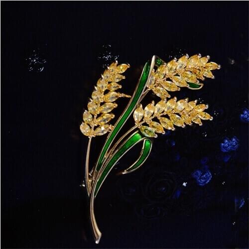 Trendy Jewelry Gold Color Copper Wheat Brooches for Women Men Suit Luxury Yellow Crsystal Zircon Brooch Fashion Wedding Gift
