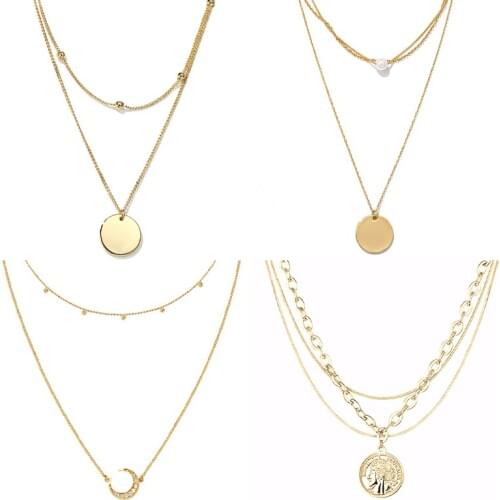 Stainless Steel Necklace For Women Multilayer Necklace Vintage Bohemian Double Layer Coin Pendant Chain Necklace Jewelry