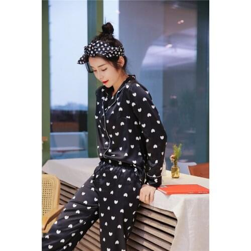 Pajama Women Summer Ice Silk Pajama Home Suit Loose Long-Sleeved Spring Autumn Silk Pajama Casual Sleepwear 2Pcs Пижам