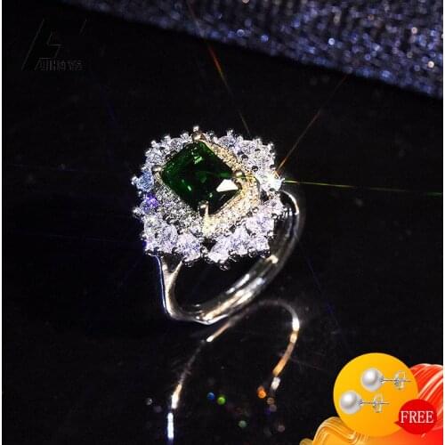 Luxury 925 Silver Jewelry Ring with Emerald Zircon Gemstone Open Finger Rings for Women Wedding Promise Party Gift Accessories