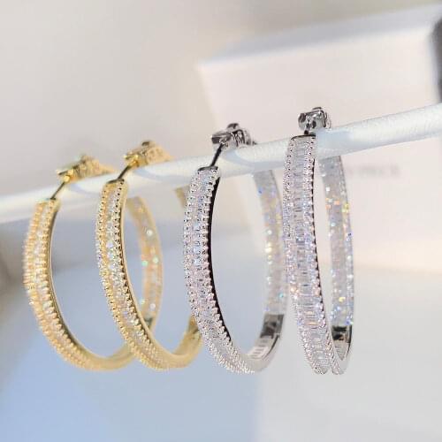 Europoean Baguette Princess Cut Square Shaped Cubic Zirconia CZ Gold Color Plated Classic 45mm Big Circle Hoop Earring Fow Women