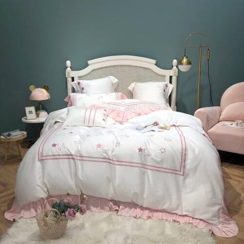 Luxury 60S cotton stars embroidery Bedding Set Soft Queen King size Bedding sets Bed Sheet Duvet Cover set ruffles bed linen