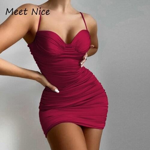Sexy Mini Dress Woman Spaghetti Strap Ruched Party Dress V Neck Bodycon Ladies Sexy Night Club Dresses