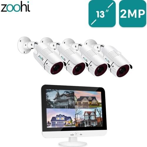 Zoohi AHD CCTV System 8CH 13 Inch Monitor DVR Kit 1080P Outdoor Waterproof Security Camera Video Surveillance System