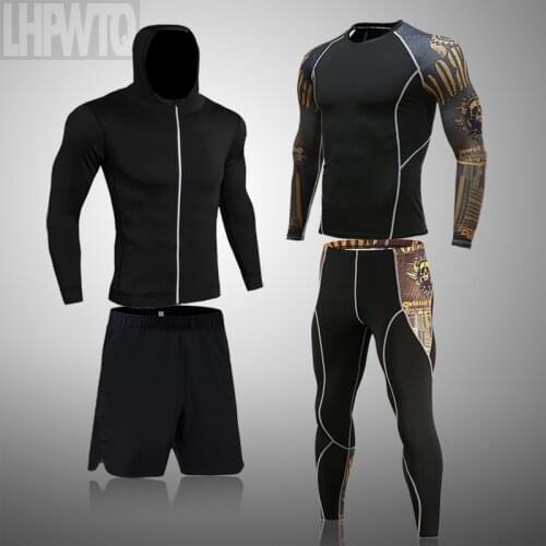 4 Piece track suit Men Running sports suit MMA Compression sportswear rash guard male Bodybuilding T-shirt pants Man Training