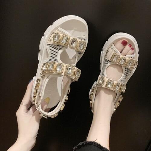 Rhinestone mesh star rivets metal decoration muffins sandalias mujer celebrities creepers cut-out hook&loop platform shoes woman