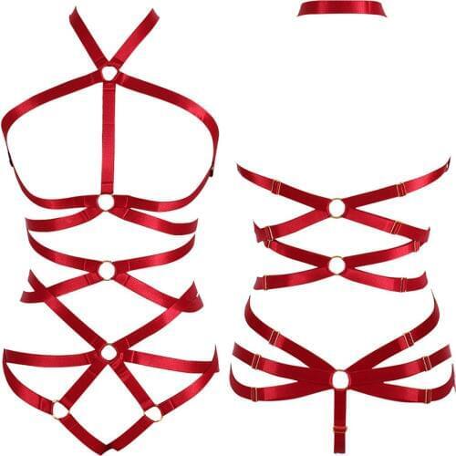 Wine Red Full Body Harness Sexy Lingerie Set Cage Bra Fetish Waist O-ring Cross Bondage Strap Adjust Hollow Out Tops Dance Rave