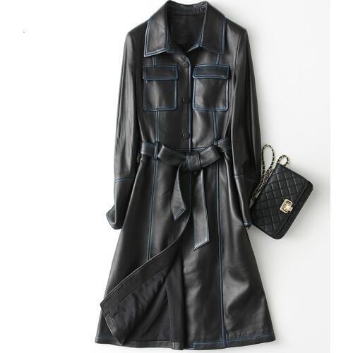 Leather Genuine Jacket Women 2020 Vintage Natural Sheepskin Coat With Belt Long Spring Autumn Trench Female 28214 YQ2178