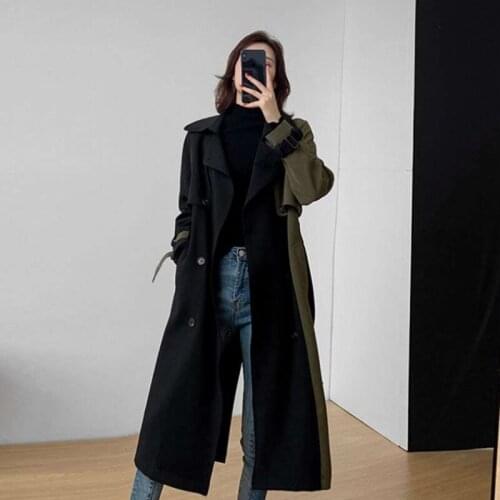 2021 Spring Fashion Trench Coat For Women Splice Hit The Color Korean Double-Breasted Slim Mid-Length Tooling Windbreaker Female