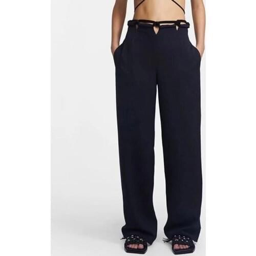 Women High Waist Pants Spring Autumn Straight Leg Cut Out Bandage High Street Trousers