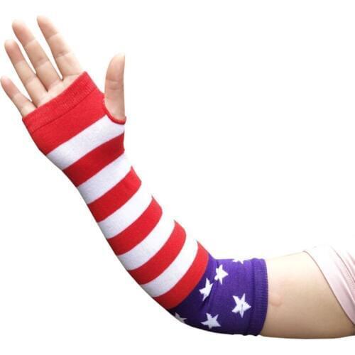 Women Girl Knitted Over Elbow Long Arm Warmers US Flag Rainbow Stripes Patchwork Fingerless Gloves with Thumb Hole Party Costume