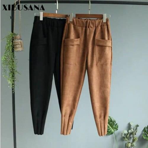 Women Faux Leather Suede Pant Autumn Winter Female Elastic Waist Warm Thick Faux Suede Harem Pant Women Casual Pants Trousers