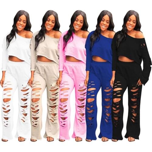 Adogirl Hole Hollow Out Women Set Long Sleeve Tops Ripped Flared Pants Two Pieces Set Cotton Solid Tracksuits Fitness Outfits