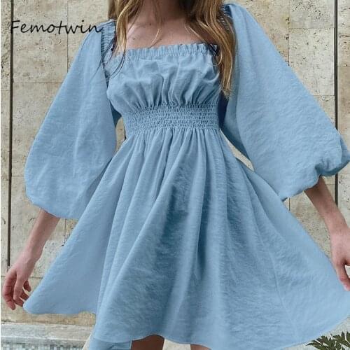 Femotwin Vintage Long Sleeve Dress Sweet Women Square Collar Puff Sleeve Folds Mini Dress Casual Solid Ruffled Autumn Dress 2021