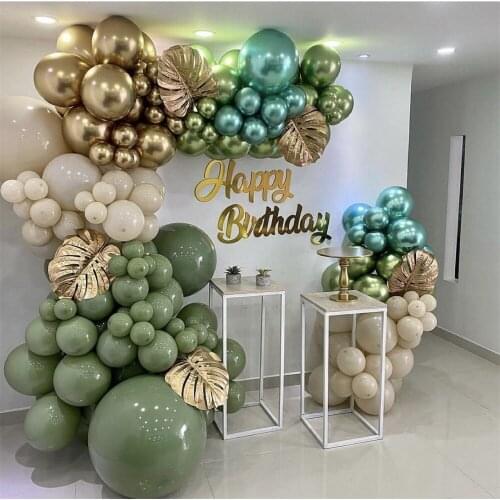 136PCS Olive Green Gold Metallic Balloon Garland Arch Kit Gold Palm Leaves for Wedding Baby Shower Birthday Party Decorations