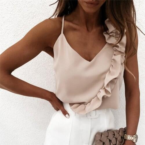 Women Sexy V Neck Ruffle Blouse Shirts 2020 Summer Backless Spaghetti Strap Casual Tops Elegant Sleeveless Office Ladies Blouses