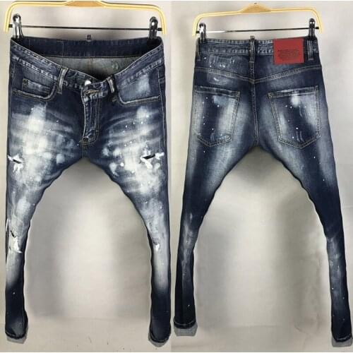 American Street Style Fashion Men Jeans Retro Blue White Washed Slim Fit Ripped Jeans Men Painted Designer Hip Hop Punk Pants