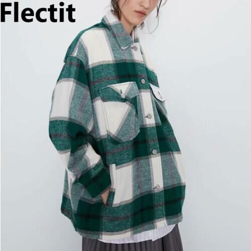 Flectit Flannel Plaid Overshirt Front Pocket Lapel Collar Long Sleeve Oversized Warm Wool Blend Womens Jackets & Coats