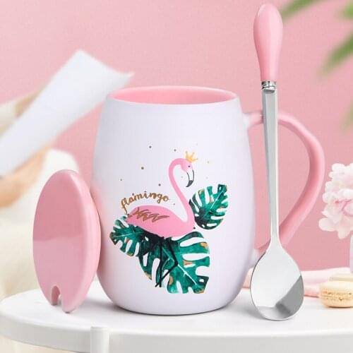 Creative personality flamingo ceramic cup mug with cover spoon cute girl water cup students home tea cup coffee cup