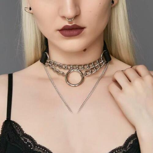 Cool Punk Gothic Chain Link Choker Collar Leather O Round Metal Necklace Fashion Jewelry