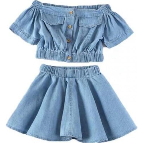 Summer Toddler Girls 2PCS Set Korean Baby Girl Jeans Crop T Shirt Tops+Pleated Skirt Kids Denim Suit Children Clothes 2 3 4 5 6