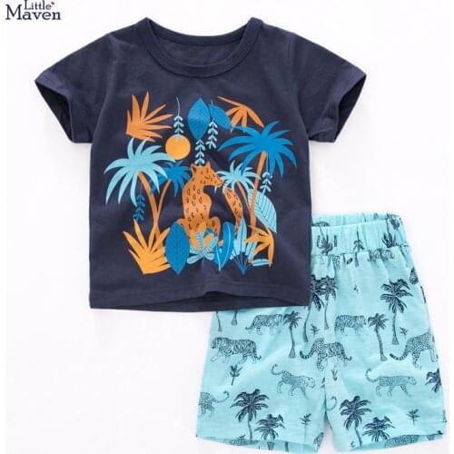 Little Maven 2021 Summer Baby Boys Clothes Toddler Cotton Sets Tree Print T Shirt + Animal Shorts for Kids 2-7 Years