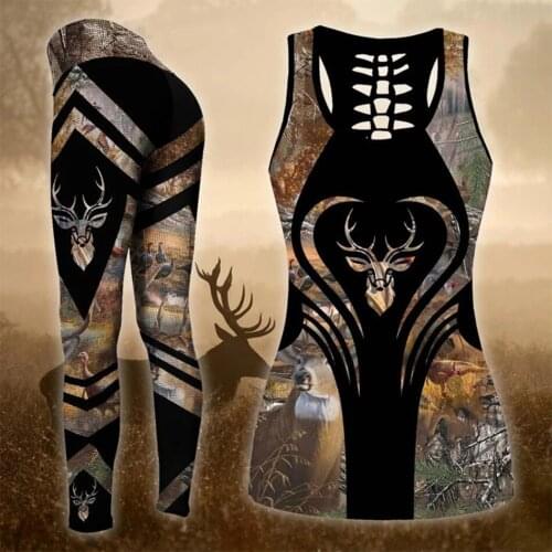 Fashion Animal Deer Hunting Colorful Hollow Vest And Leggings Two-Piece Female 3D printing Hipster Sexy Vest Female Clothes S-72