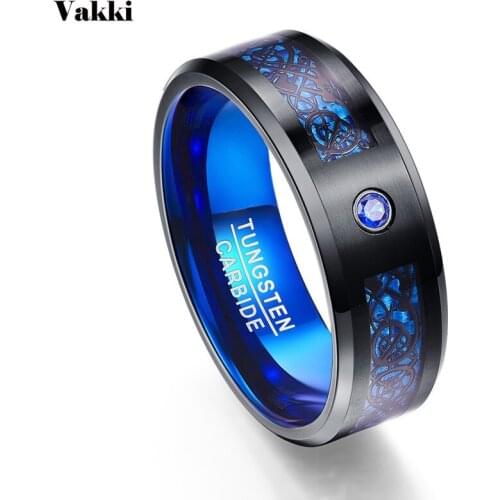 VAKKI Carbon Fiber Scrub Blue Zircon Men Rings 100% Tungsten Carbide Anillos Para Hombres Black Dragon Male Jewelry