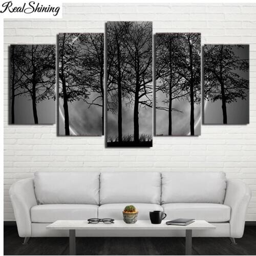 Diy diamond painting cross stitch 5D diamond embroidery mosaic Black White Moon Night Psychedelic Forest scenery 5 pcs FS7187