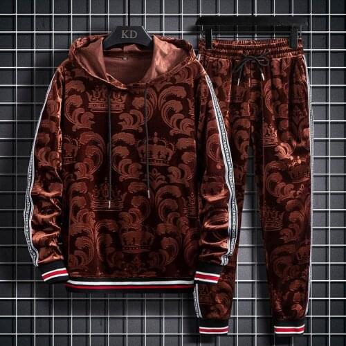 2020 new mens casual suit autumn and winter gold velvet sports stand-up collar pullover two-piece men