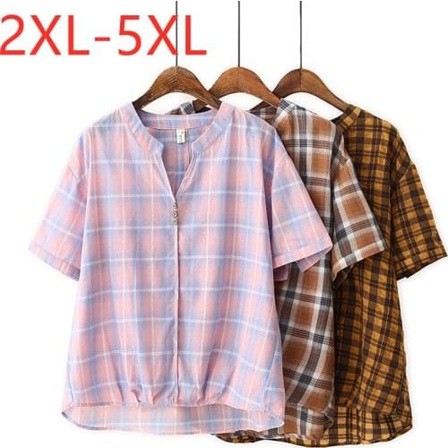 New 2021 Ladies Summer Plus Size Tops For Women Large Blouse Short Sleeve Loose Casual Cotton Pink Plaid Shirt 2XL 3XL 4XL 5XL