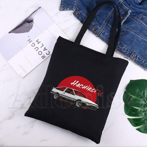 Initial D Print Reusable Shopping Bag Women Canvas Tote Bags Printing Eco Bag Cartoon Shopper Shoulder Bags Black