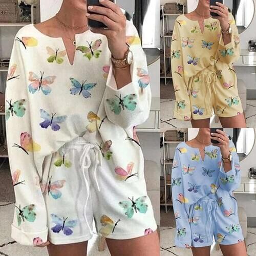Casual Womens Sleep Long Sleeve Top Lace-up Shorts Round Collar Split Butterfly Print Loose Elastic Home Clothes Tracksuit Set