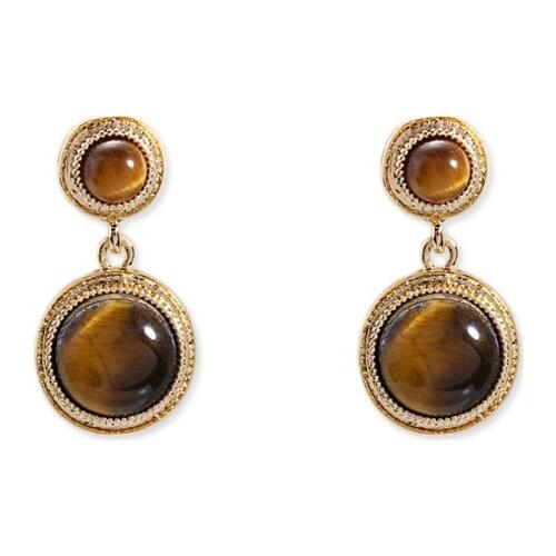 Goldtone Plated Natural Stone Earrings Brown Stone Post Stud Earrings Design Original Cabochon Shape Stone Assorted Design