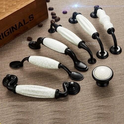 Cabinet Cupboard Knobs Zinc Alloy Ceramic Retro Black White American Style Furniture Door Hardwares Drawer Kitchen Pull