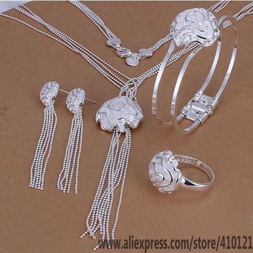 S327 Hot Sale High Quality Anniversary Jewelry Sets, Jewelry Elegant Charms Fashion Rose Ring Drop Earrings Bangle Necklace