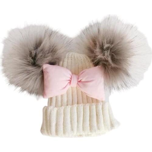 Childrens winter toddler baby kids bow tie Butterfly Knot Melamed hat cap beanie with 2 double pom poms ears for boys and girls